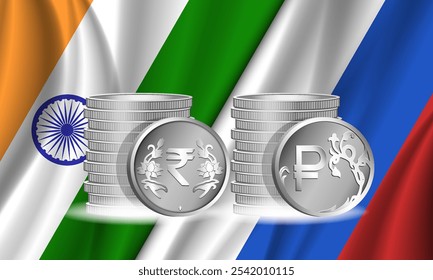 Cartaz econômico político-vetorial. Pilhas de moedas 3D. Rupia indiana e rublo russo. Bandeiras da Índia e da Rússia. Acordos financeiros mútuos entre países. Dinheiro.
