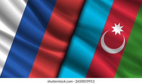 Vector political economic poster. Wavy flags of Russian Federation and Republic of Azerbaijan. Tricolor, crescent and star