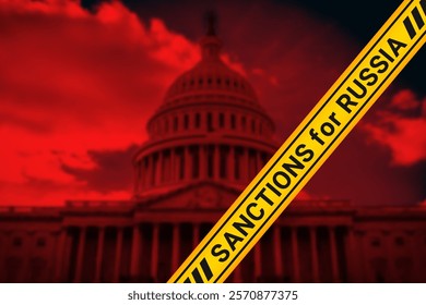 Vector political economic poster. Yellow ribbon with inscription, Sanctions for Russia. Dark red blurred US Capitol building. United States of America vs Russian federation