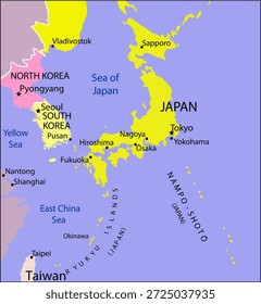 Vector political, geographical
world map. Eastern asia with regions of japan - 
hokkaido, honshu, tokyo, osaka,
ryukyu islands, yokohama, nagoya, sapporo,
hiroshima, fukuoka, okinawa, nampo shoto.