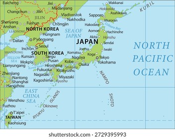 Vector political, geographical
world map. Eastern asia with regions of japan - 
hokkaido, honshu, tokyo, osaka,
ryukyu islands, yokohama, shikoku,
kyushu, okinawa, nampo shoto, korean peninsula.