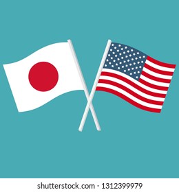 Vector political icon of flags of Japan and the USA. The flags of Japan and the United States of America are crossed and swaying in the wind. Illustration of flags in flat minimalism style.