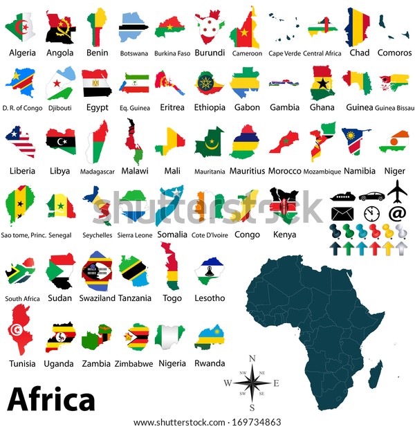 Vector Of Political Map Of Africa Set With Maps And Flags On White ...