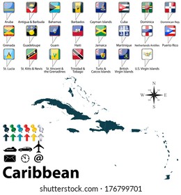 Vector of political map of Caribbean set with buttons flags on white background