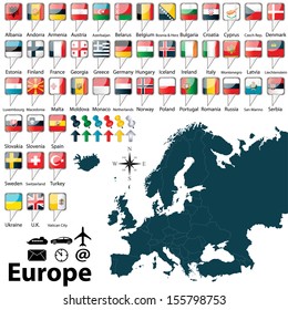 Vector of political map of Europe set with buttons flags on white background