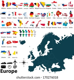 Vector of political map of Europe set with maps and flags on white background