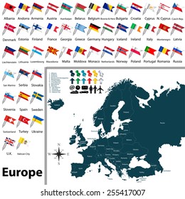 Vector of political map of Europe set with buttons flags on white background