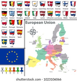 Vector of political map of European Union set with maps and flags on white background