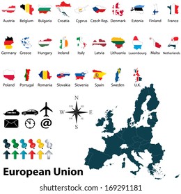 Vector of political map of European Union set with maps and flags on white background