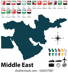 Vector of political map of Middle East set with buttons flags on white background