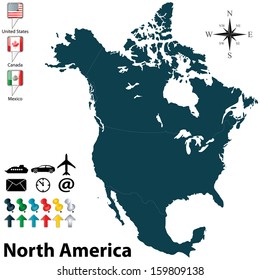 Vector of political map of North America set with buttons flags on white background