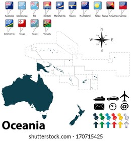 Vector of political map of Oceania set with buttons flags on white background