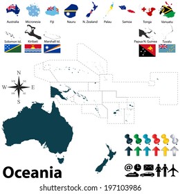 Vector of political map of Oceania set with buttons flags on white background