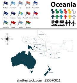 Vector of political map of Oceania set with buttons flags on white background