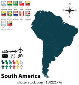 Vector of political map of South America set with buttons flags on white background