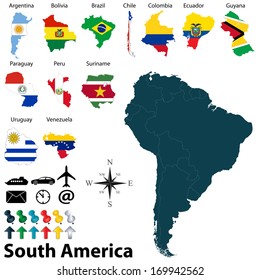 Vector del mapa político de Sudamérica con mapas y banderas sobre fondo blanco