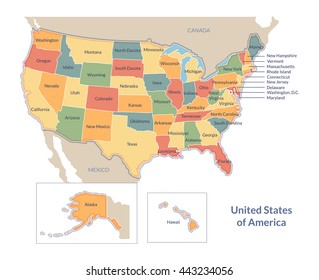 Vector Political Map Of USA With All 50 States. Multicolor, Clear Font, Accurate Borders.