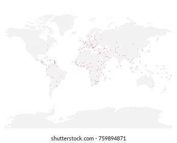 Vector political map of World with capital cities marked as pink dots.