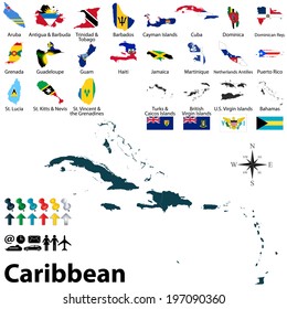 Vector political maps with flags of Caribbean on white background