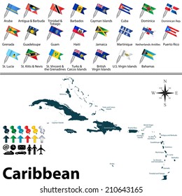 Vector political maps with flags of Caribbean on white background