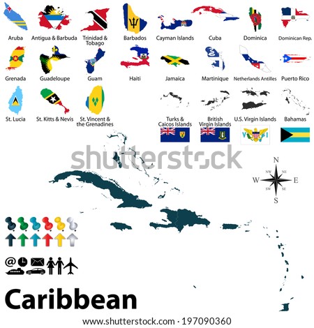 Vector political maps with flags of Caribbean on white background