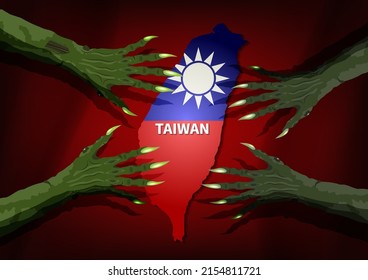 Vector political poster with witch scary green clawed hands over Taiwan map