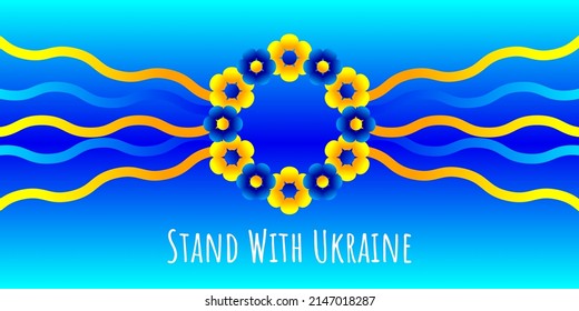 Vektorpolitisches soziales Anti-Kriegspopster über das Problem in der Ukraine. Stehen Sie mit der Ukraine! Ukrainischer Staatskranz mit Bändern.