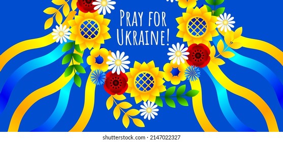 Vektorpolitisches soziales Anti-Kriegspopster über das Problem in der Ukraine. Bete für die Ukraine! Ukrainischer Staatskranz mit Bändern.