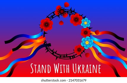 Vektorpolitisches soziales Anti-Kriegspopster über das Problem in der Ukraine. Stehen Sie mit der Ukraine! Dornenkrone mit Pfefferchen und Bändern.