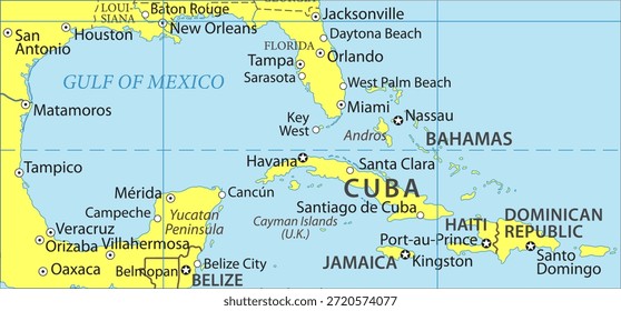 Mapa del mundo político Vector. Fragmento de atlas geográfico con Cuba, Haití, Florida, Golfo de México, Bahamas, Jamaica, República Dominicana, Islas Caimán, Península de Yucatán. Terreno de Centroamérica.