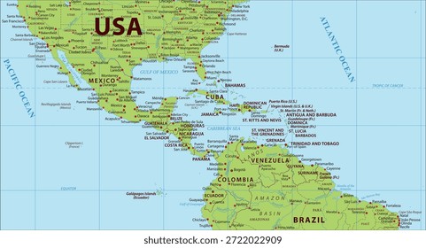 Mapa do mundo político vetorial. Fragmento do atlas geográfico com os estados unidos américa, venezuela, cuba, méxico, bahamas, jamaica, haiti, república dominicana,
caracas, caracas, colômbia, brasil.