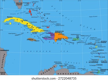 Vector political world map. Fragment of geographical atlas of central america with cuba, haiti, florida, usa, bahamas, jamaica, dominican republic, cayman islands, venezuela, colombia, caribbean sea 
