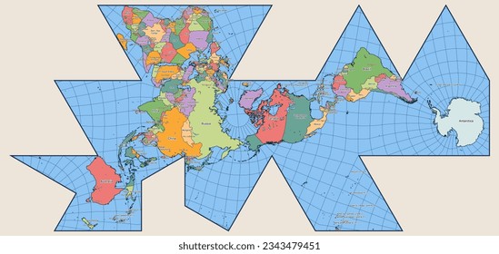 Vector Political World Map Fuller Projection, Dymaxion World map