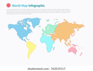Vector Political World map infographic background using different colors on each continent.