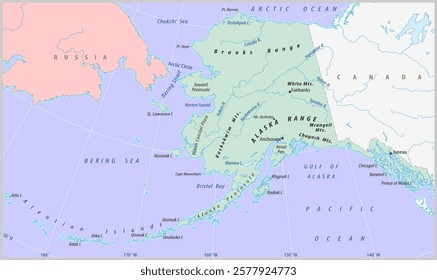 Vector political world map. North American continent with 
alaska (usa), canada, russia. Arctic ocean, pacific ocean,
bering sea, kenai and seward peninsula, bristol bay,
aleutian islands, chukchi sea