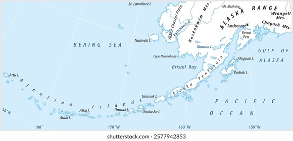 Vector political world map. North American continent with 
alaska (usa) - aleutian islands, alaska peninsula, gulf of alaska. Pacific ocean,
bering sea, kenai peninsula, bristol bay, anchorage.