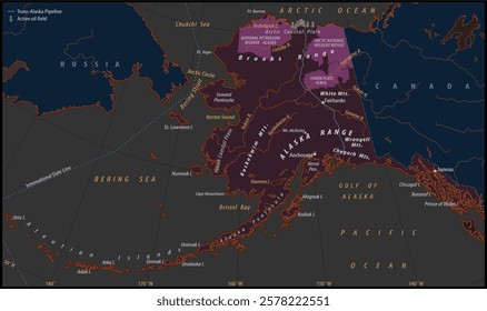 Vector political world map. North American continent with 
trans alaska pipeline, active oil field. 
Canada, russia, arctic ocean, pacific ocean,
bering sea, aleutian islands, alaska peninsula.