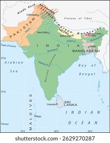 Vector political world map. South Asia with India, Kashmir, Pakistan, Indian Ocean, Maldives, Bangladesh, Nepal, Himalaya mountains,
Bhutan, Arabian sea, Bengal Bay, New Delhi, Ganges River, Sri Lanka