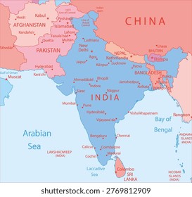 Vector political world map. South Asia with 
India, Kashmir, Pakistan, Bangladesh, Nepal, Afghanistan, 
Bhutan, Arabian sea, Bengal Bay, New Delhi,
Sri Lanka.