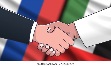 Vektor-Politico-Wirtschaftsplakat. Verschwommene wellige Flaggen der Russischen Föderation und der Vereinigten Arabischen Emirate. Beziehungen zwischen den Ländern. Handschlag und Deal. Russland und Emirate