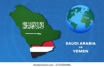 Vektor-Politico-Wirtschaftsplakat. Karte von Saudi-Arabien und der Republik Jemen. Beziehungen zwischen den Ländern. Planet Erde und Schema. blauer Hintergrund