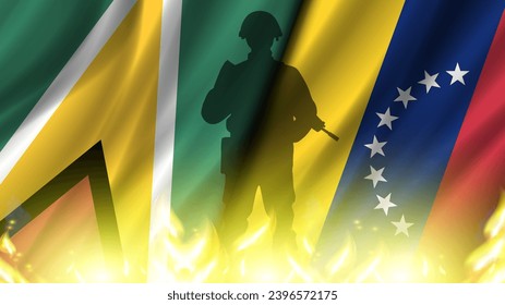 Politisch-militärischer Vektorbanner. Der schwarze Schatten eines Soldaten auf dem Hintergrund der gewellten Flaggen von Guyana und Venezuela. Konflikt. Krieg um Territorium. Helle Flamme.