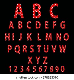 vector - Polka Dot Alphabet. Red alphabet design in white polka dots on a black background