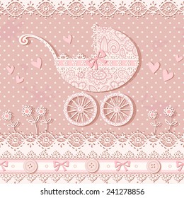 Vector polka dot background with baby carriage, laces, heart, flowers and bows. Vintage greeting card. Seamless baby pattern.