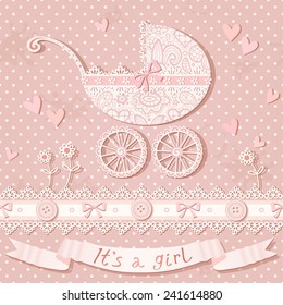 Vector polka dot background with baby carriage, laces, hearts, flowers and bows. Vintage baby shower card. Seamless pattern.