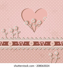 Vector polka dot background with lases, heart, flowers and bows. Vintage ornamental card. Seamless horizontal border.