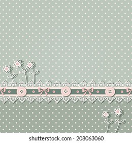 Vector polka dot background with lases, flowers, buttons and bows. Vintage seamless horizontal border.