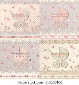Vector polka dot backgrounds with baby carriage, laces, hearts, flowers and bows. Vintage baby shower cards. Seamless patterns set.
