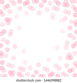 Vector polka dot square frame with flat candy pink transparent overlapped circles. Festive party background. Modern hipster happy birthday backdrop with round shapes