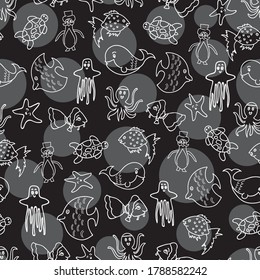Vector polka dots black and white aquatic seamless pattern background